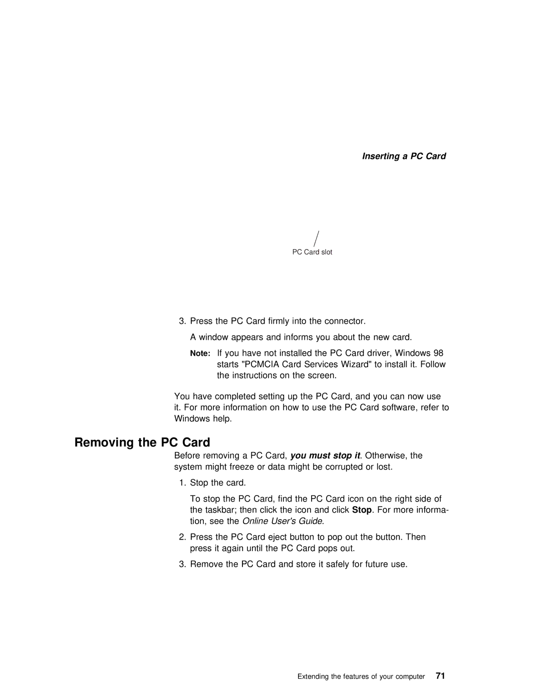 IBM i Series 1300, i Series 1200 manual Removing the PC Card, Users Guide 