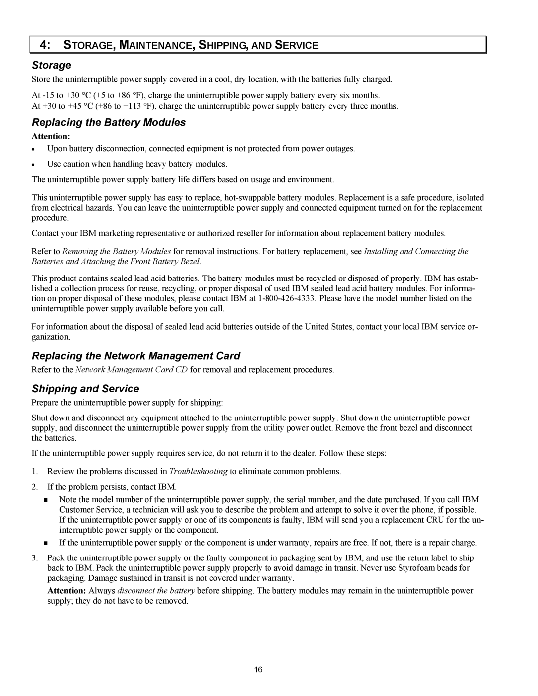 IBM IBM UPS 10000XHV Storage, Replacing the Battery Modules, Replacing the Network Management Card, Shipping and Service 