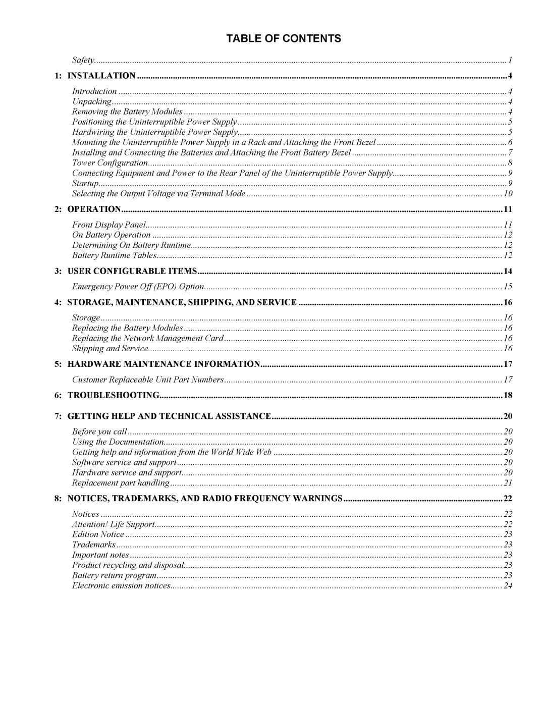 IBM IBM UPS 7500XHV, IBM UPS 10000XHV setup guide Table of Contents 