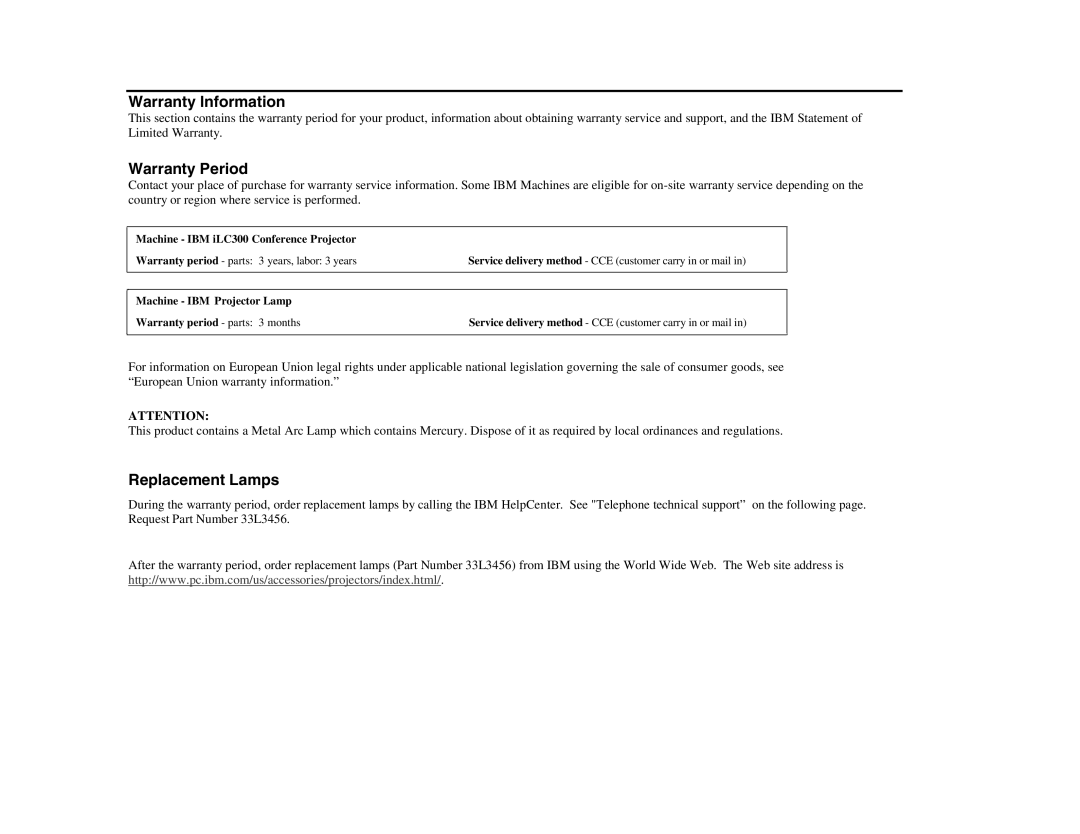 IBM ILC300 quick start Warranty Information 