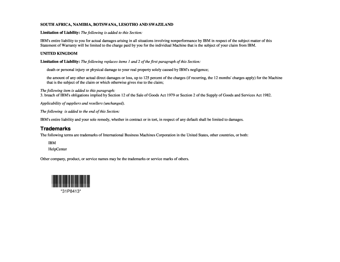 IBM ILM300 manual Trademarks, 31P8413, South Africa, Namibia, Botswana, Lesotho And Swaziland, United Kingdom 