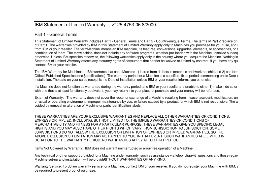 IBM ILM300 manual IBM Statement of Limited Warranty Z125-4753-06 8/2000 