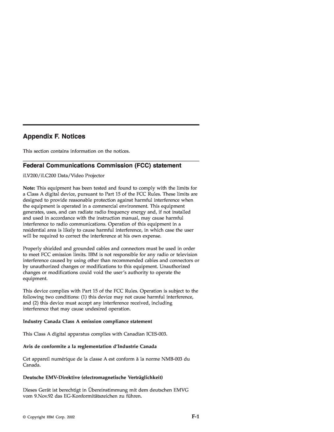 IBM ILC200, ILV200 manual Appendix F. Notices, Federal Communications Commission FCC statement 