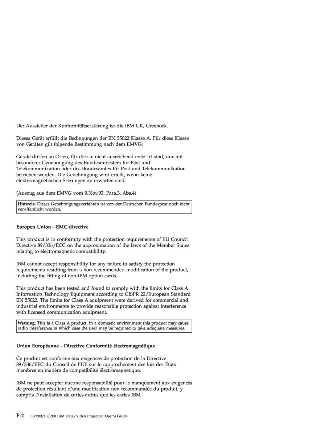 IBM ILV200, ILC200 manual Europen Union - EMC directive, Union Européenne - Directive Conformité électromagnétique 