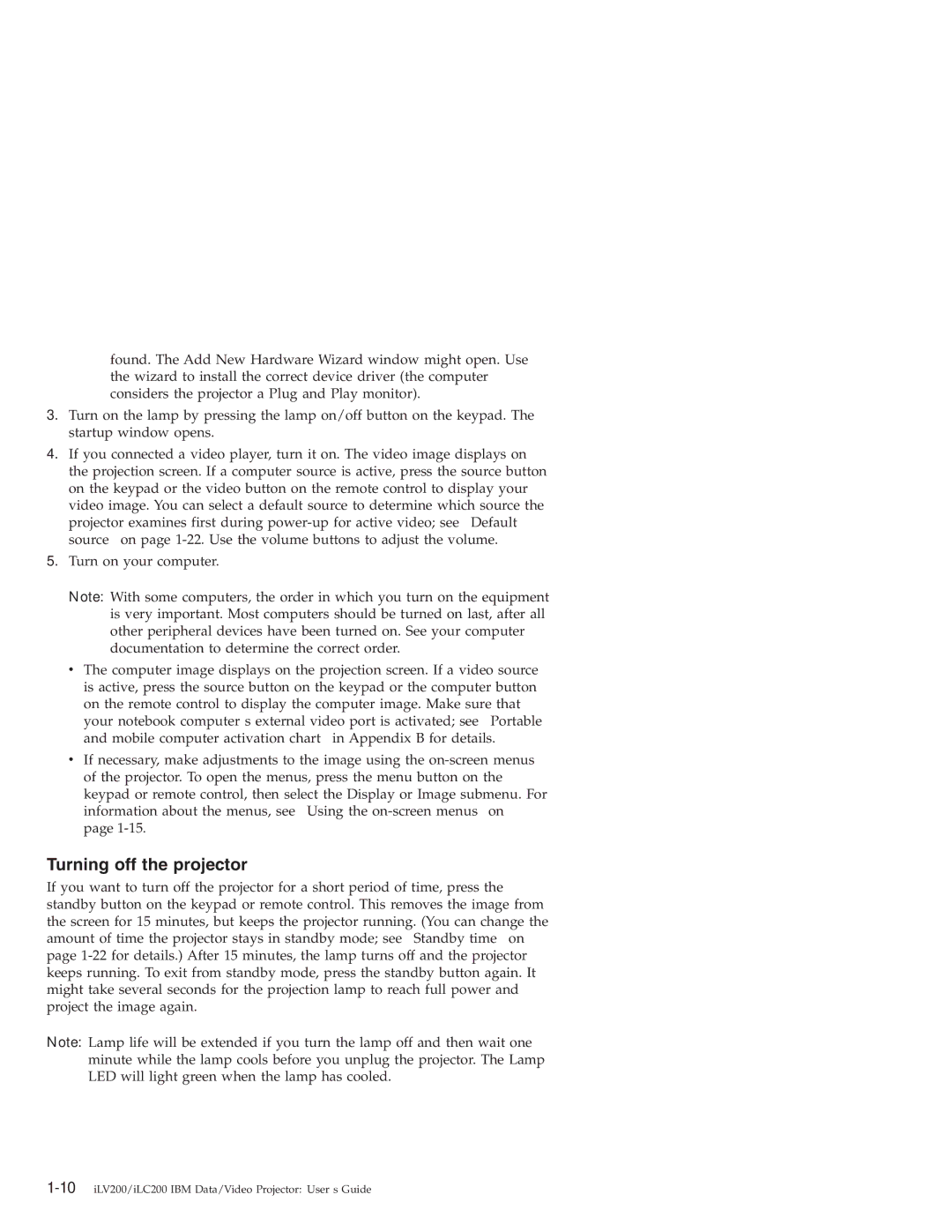 IBM ILV200, ILC200 manual Turning off the projector 