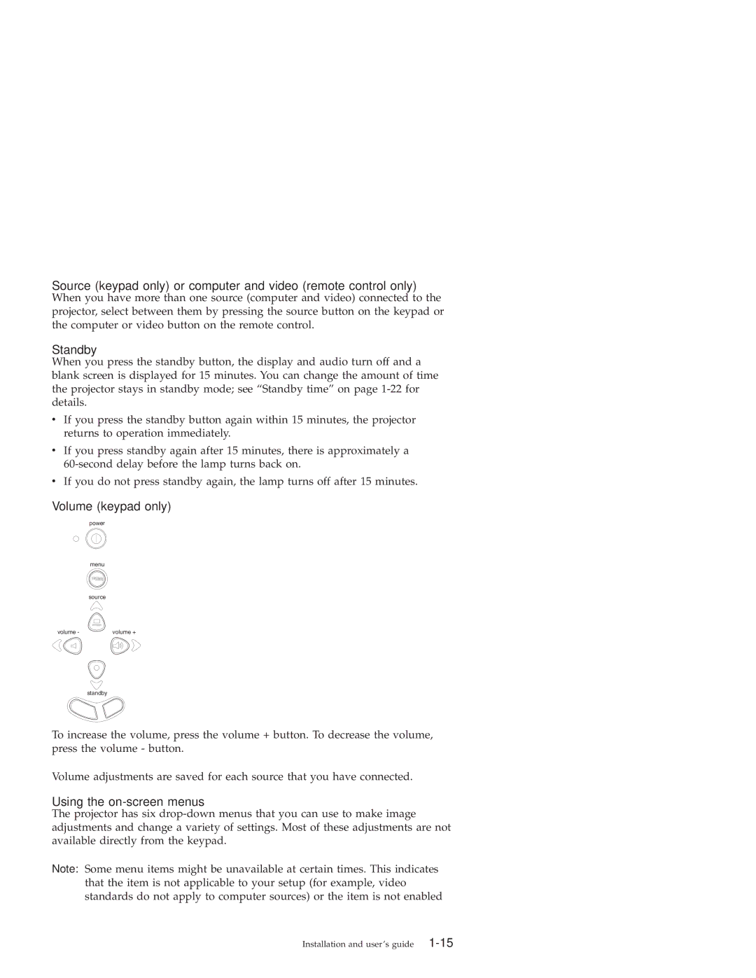 IBM ILC200, ILV200 manual Standby, Volume keypad only, Using the on-screen menus 