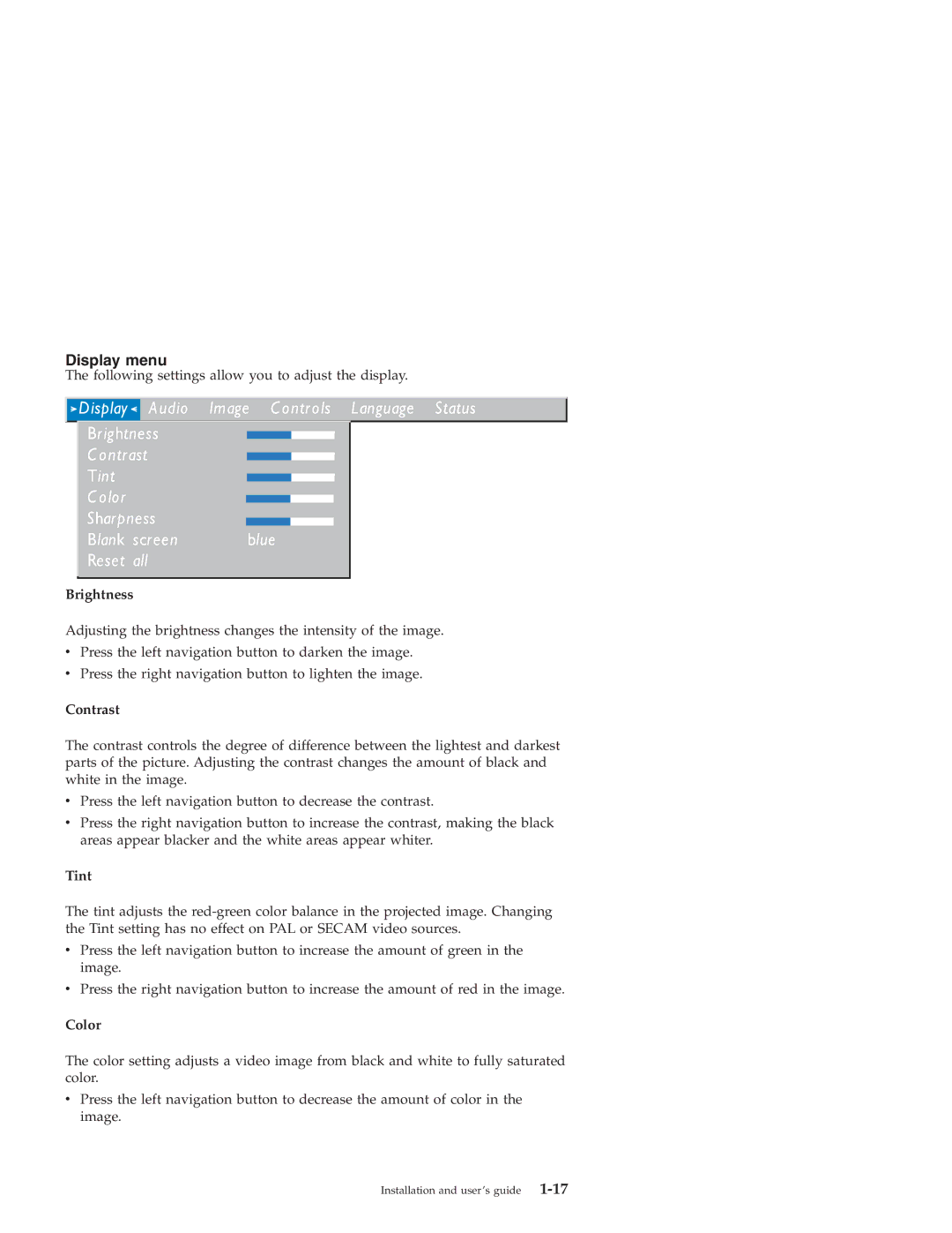 IBM ILC200, ILV200 manual Display menu, Brightness, Contrast, Tint, Color 