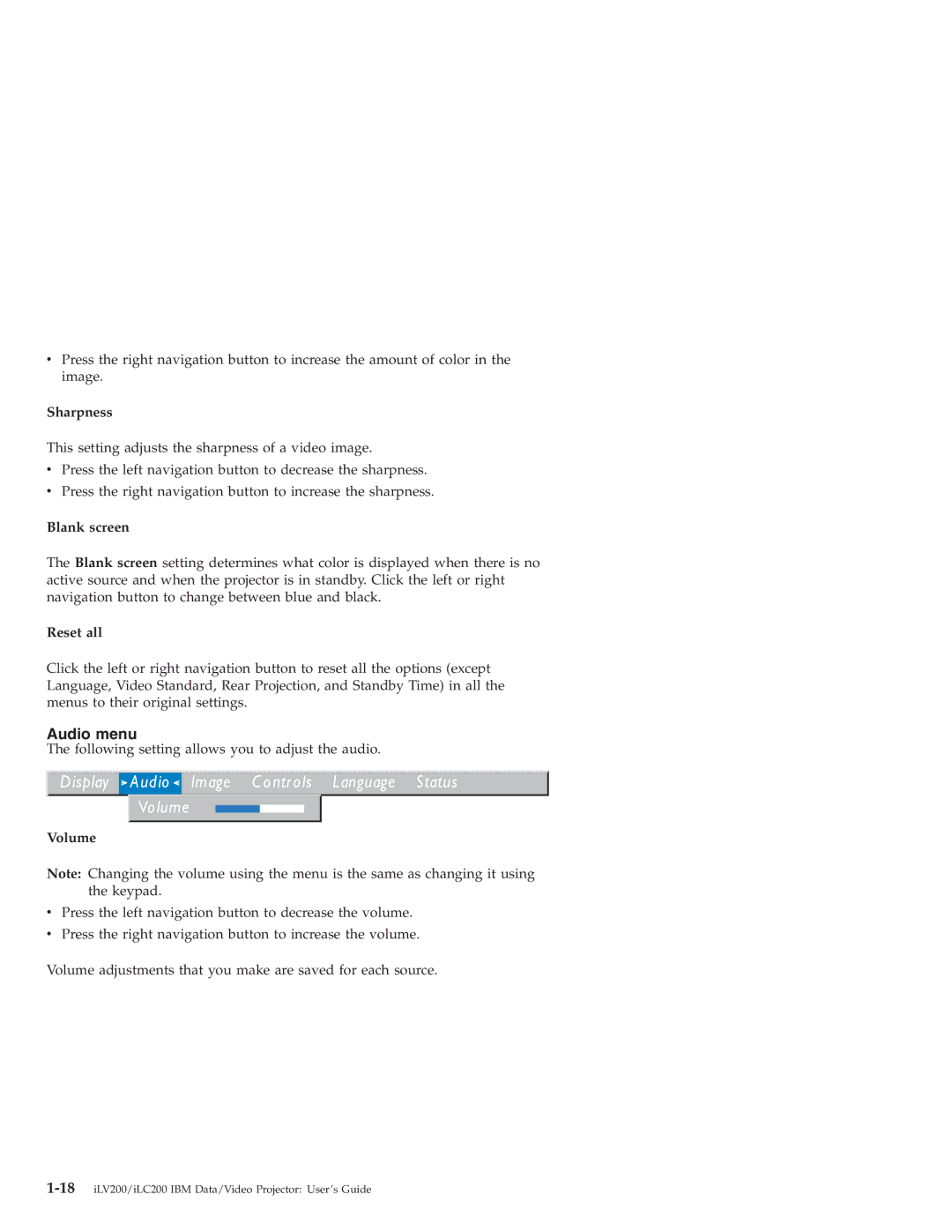 IBM ILV200, ILC200 manual Audio menu, Sharpness, Blank screen, Reset all, Volume 