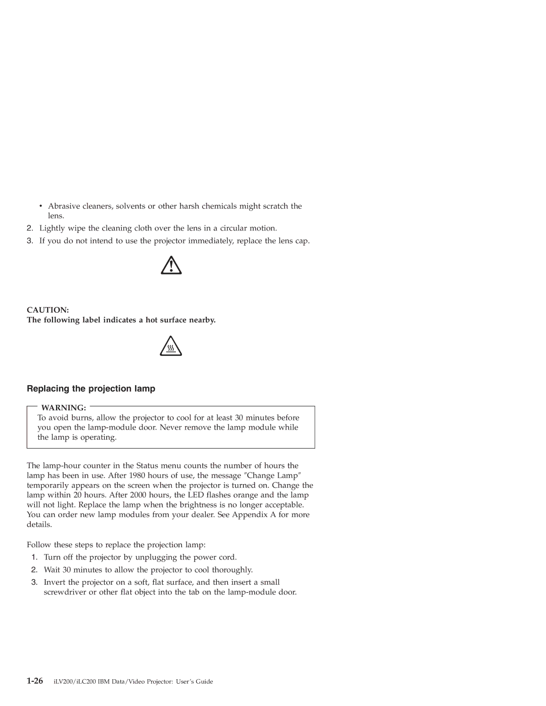IBM ILV200, ILC200 manual Replacing the projection lamp, Following label indicates a hot surface nearby 