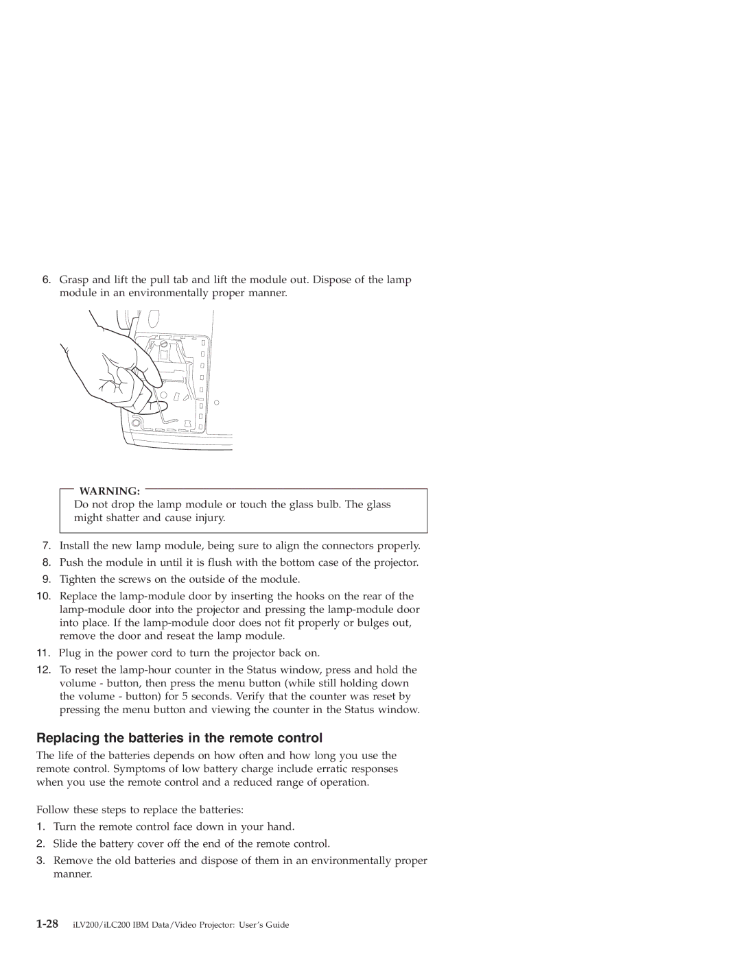 IBM ILV200, ILC200 manual Replacing the batteries in the remote control 