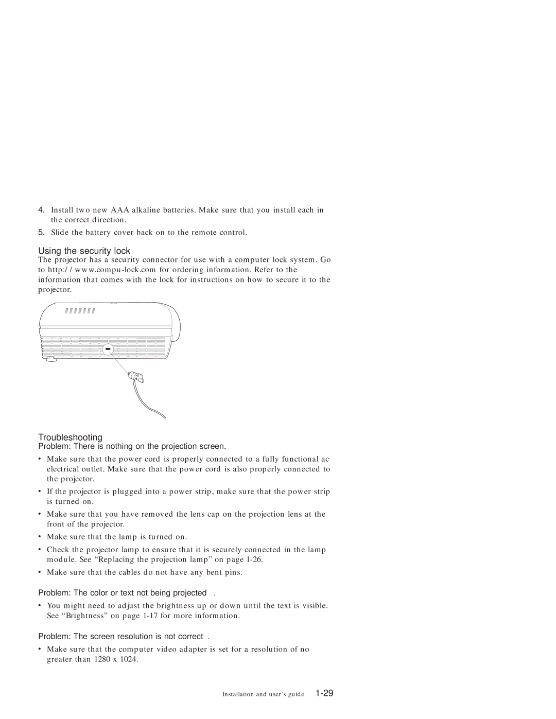 IBM ILC200, ILV200 manual Using the security lock Troubleshooting, Problem There is nothing on the projection screen 