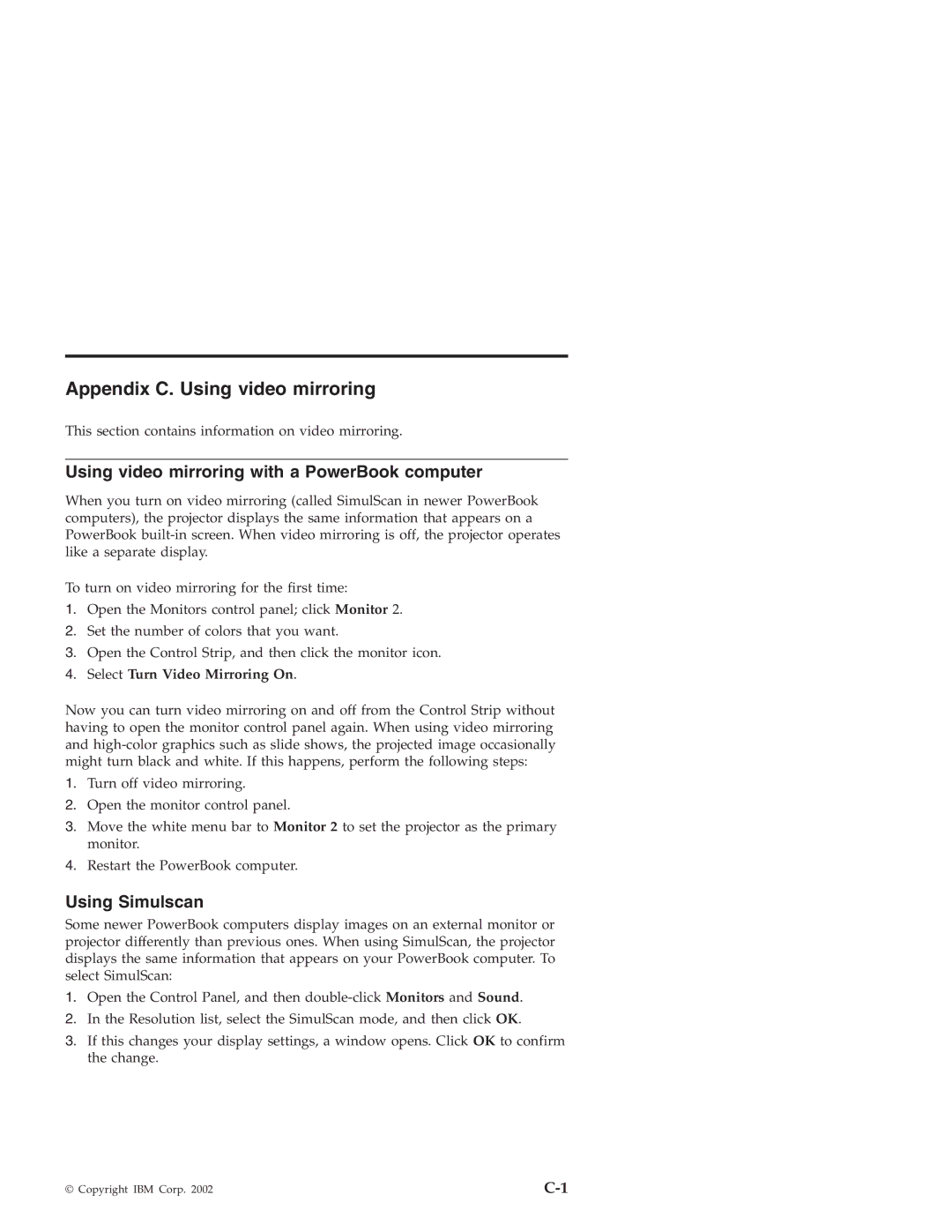 IBM ILC200, ILV200 Appendix C. Using video mirroring, Using video mirroring with a PowerBook computer, Using Simulscan 