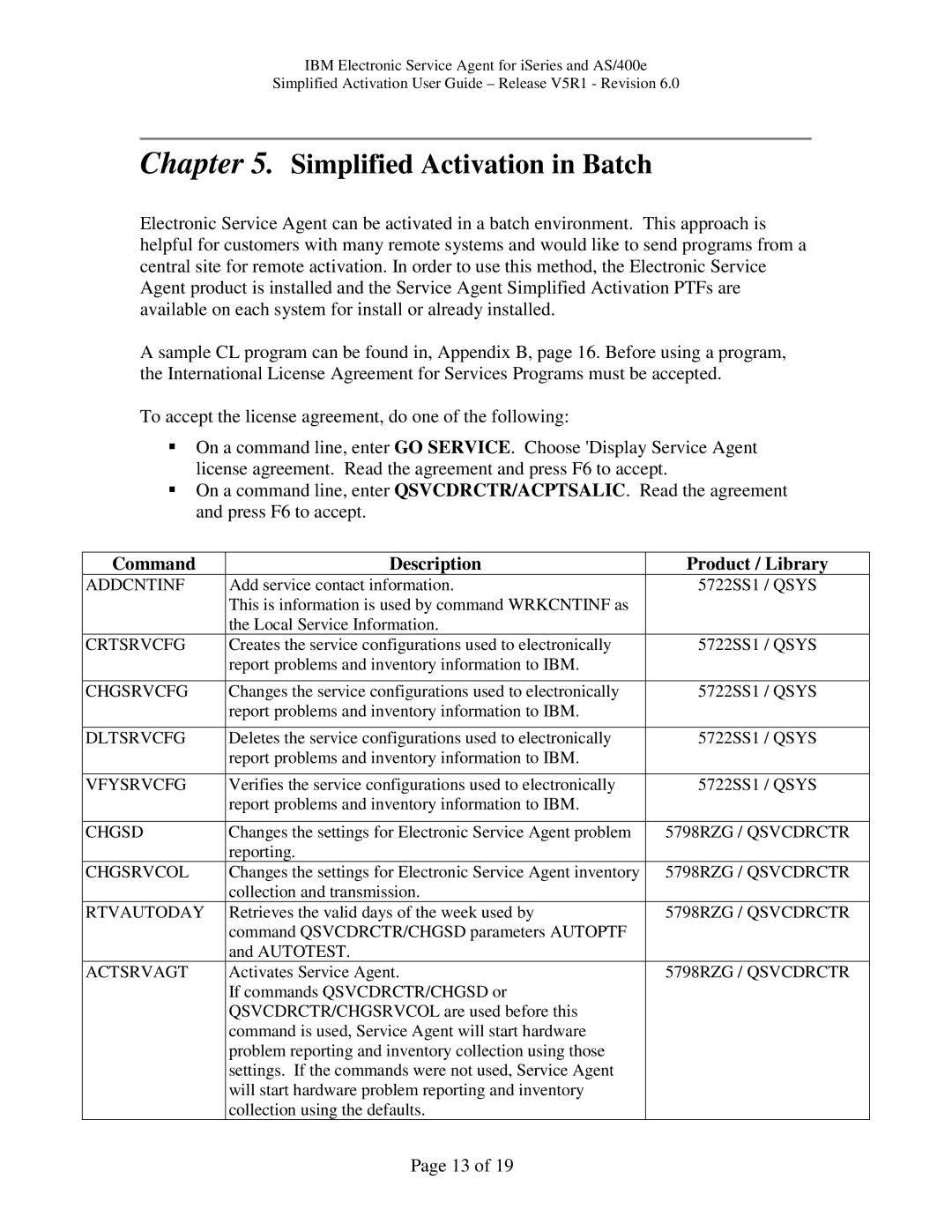 IBM V5R1, iSeries, PTF SF67624 manual Simplified Activation in Batch, Command Description Product / Library 