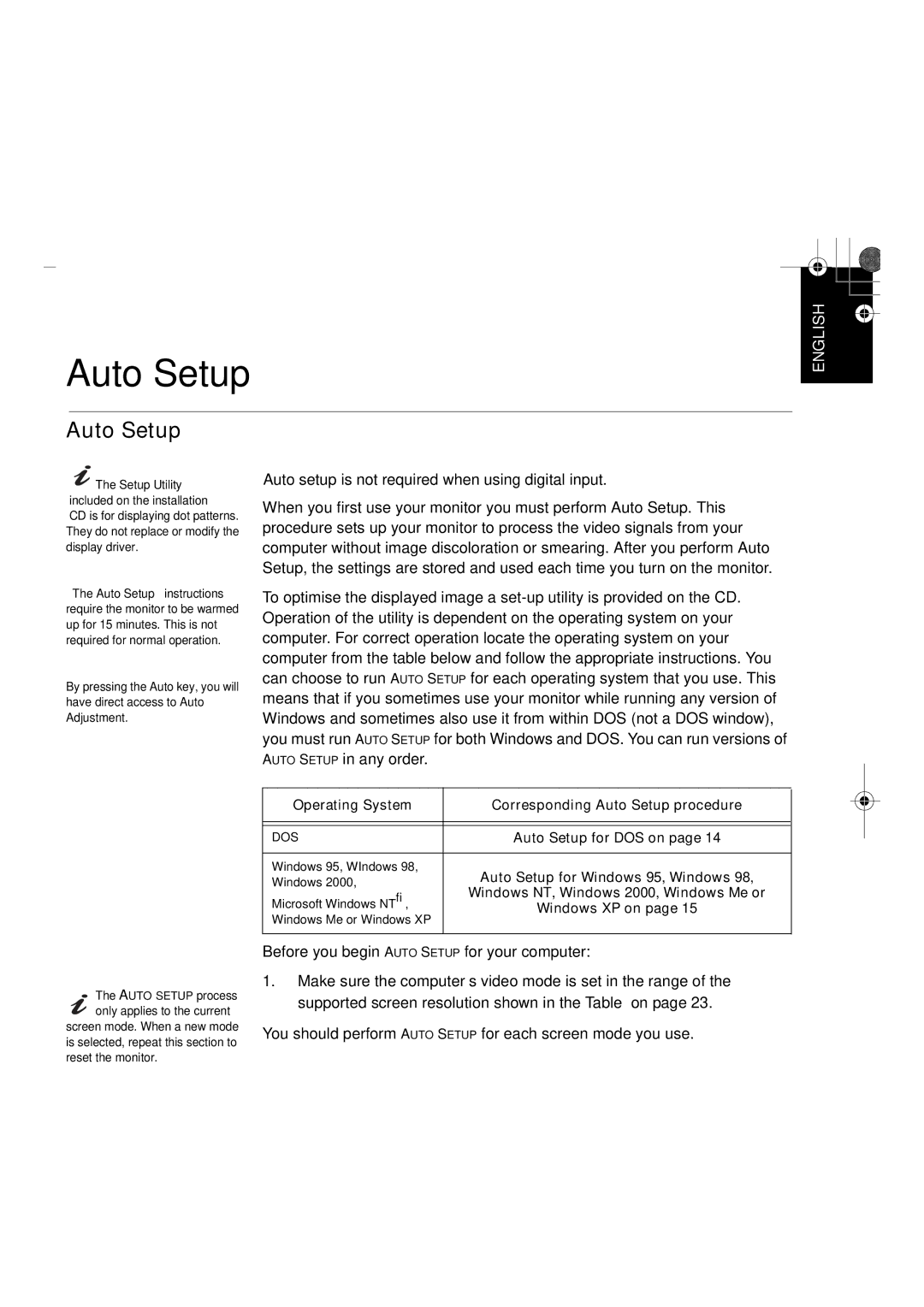 IBM L150P manual Operating System Corresponding Auto Setup procedure 