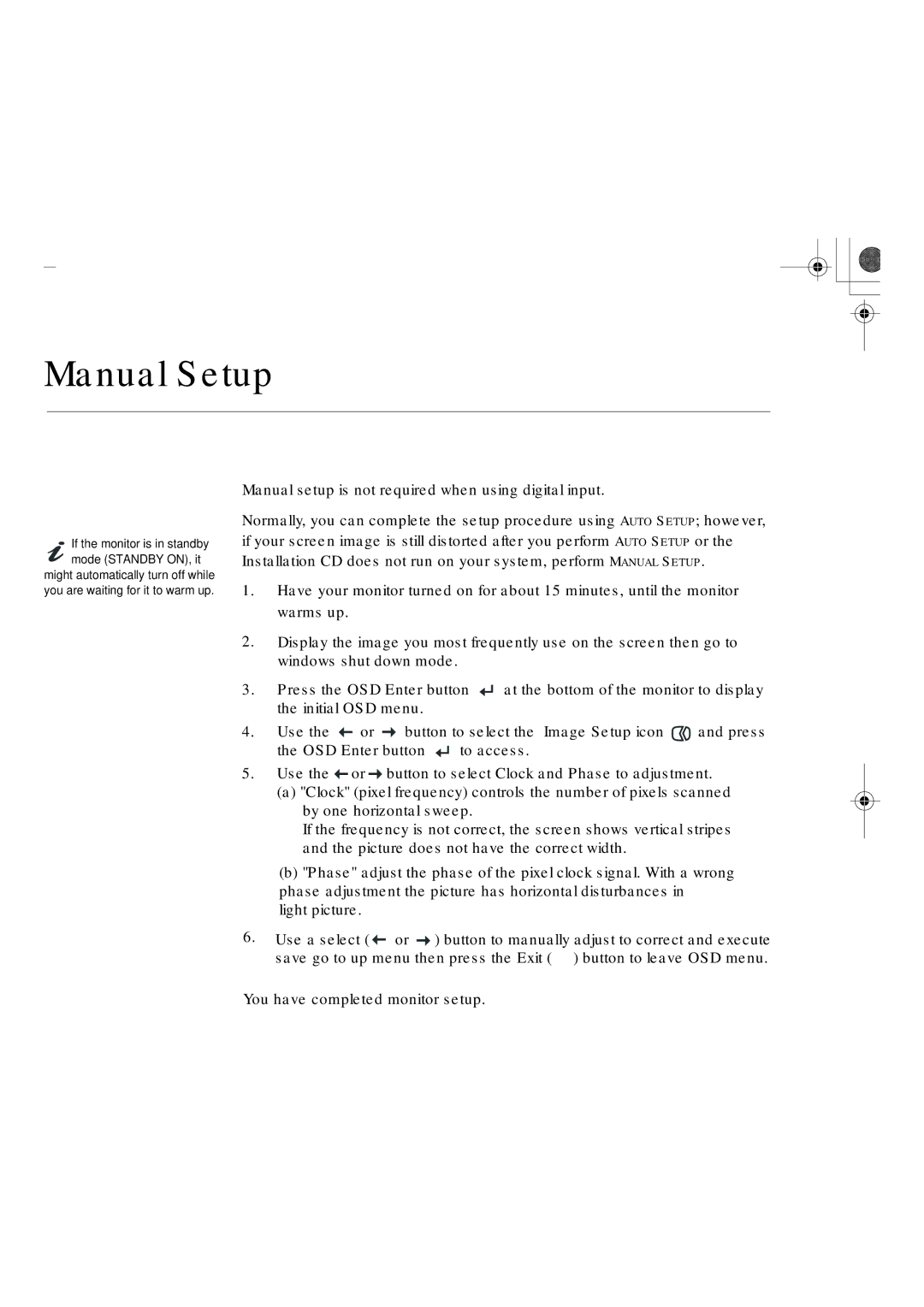 IBM L150P manual Manual Setup 