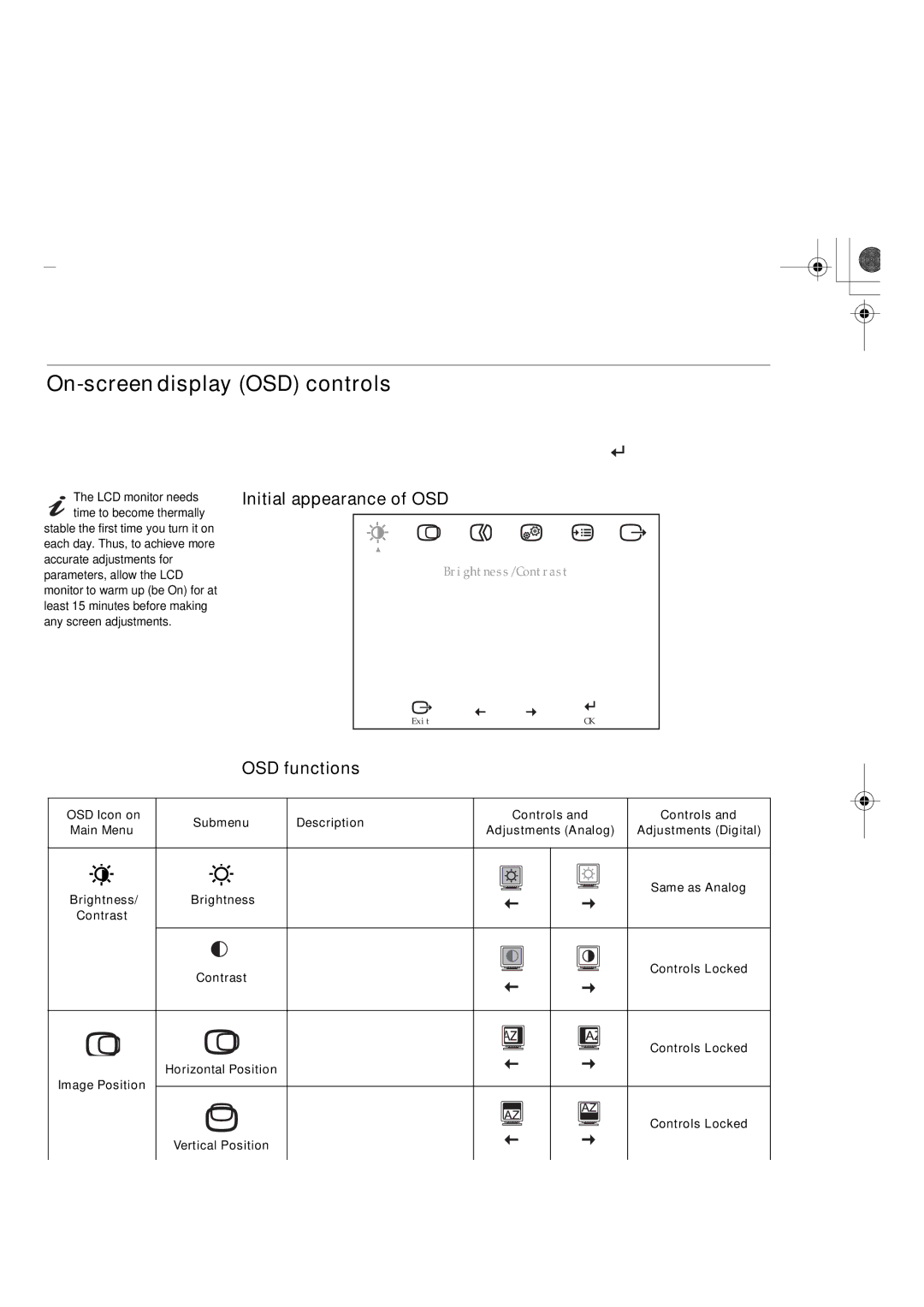 IBM L150P manual On-screen display OSD controls, Initial appearance of OSD, OSD functions 