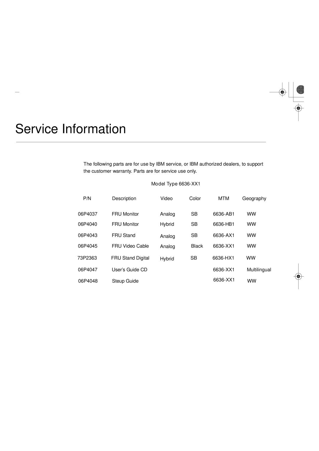 IBM L150P manual Service Information, Model Type 