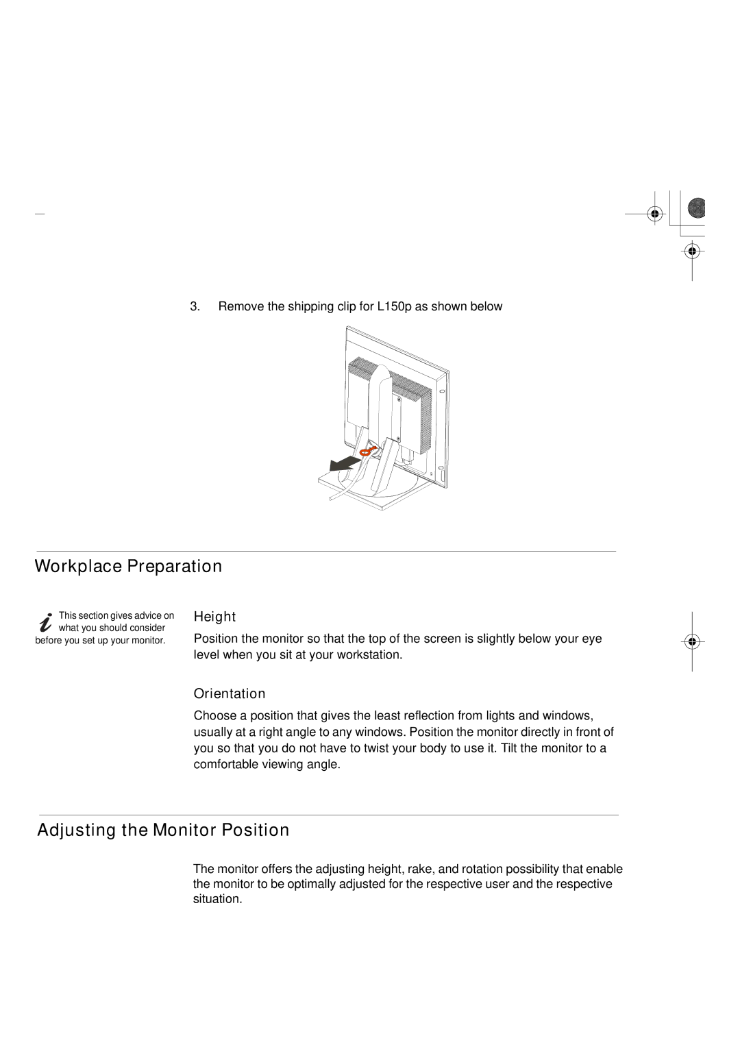 IBM L150P manual Workplace Preparation, Adjusting the Monitor Position, Height, Orientation 