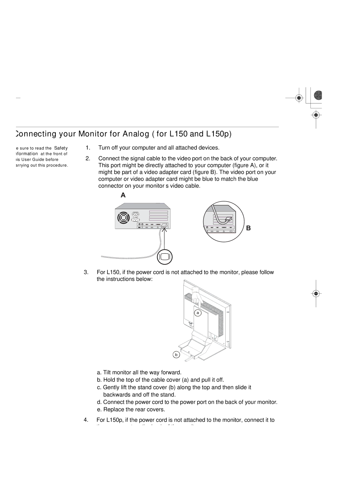 IBM L150P manual Connecting your Monitor for Analog for L150 and L150p 