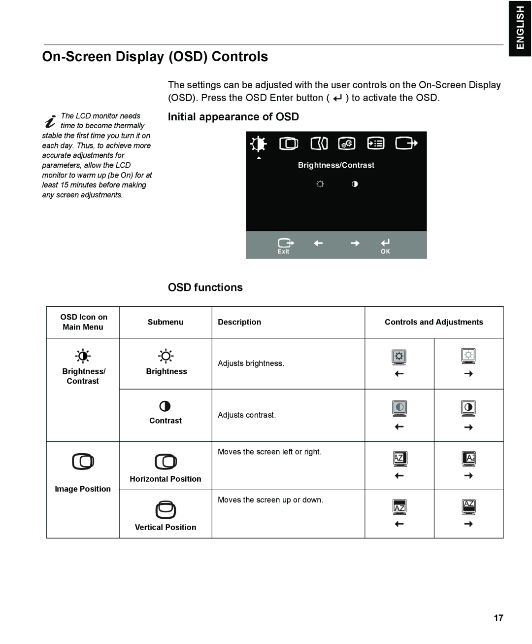 IBM L150 manual On-Screen Display OSD Controls, Initial appearance of OSD, OSD functions 