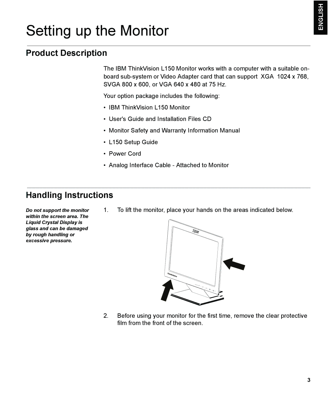 IBM L150 manual Setting up the Monitor, Product Description, Handling Instructions 