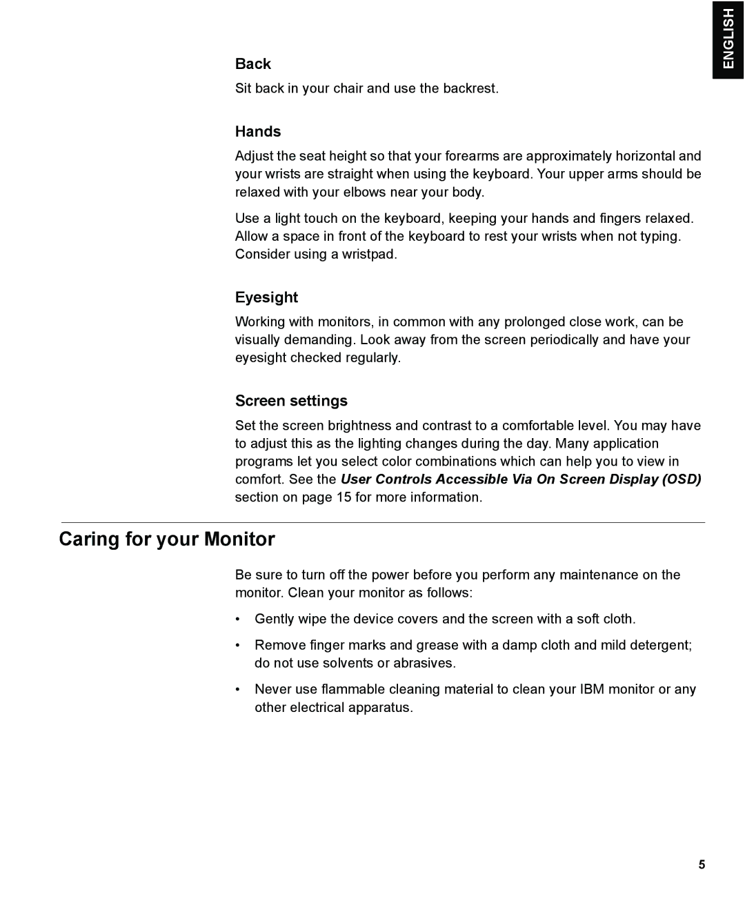 IBM L150 manual Caring for your Monitor, Back, Hands, Eyesight, Screen settings 