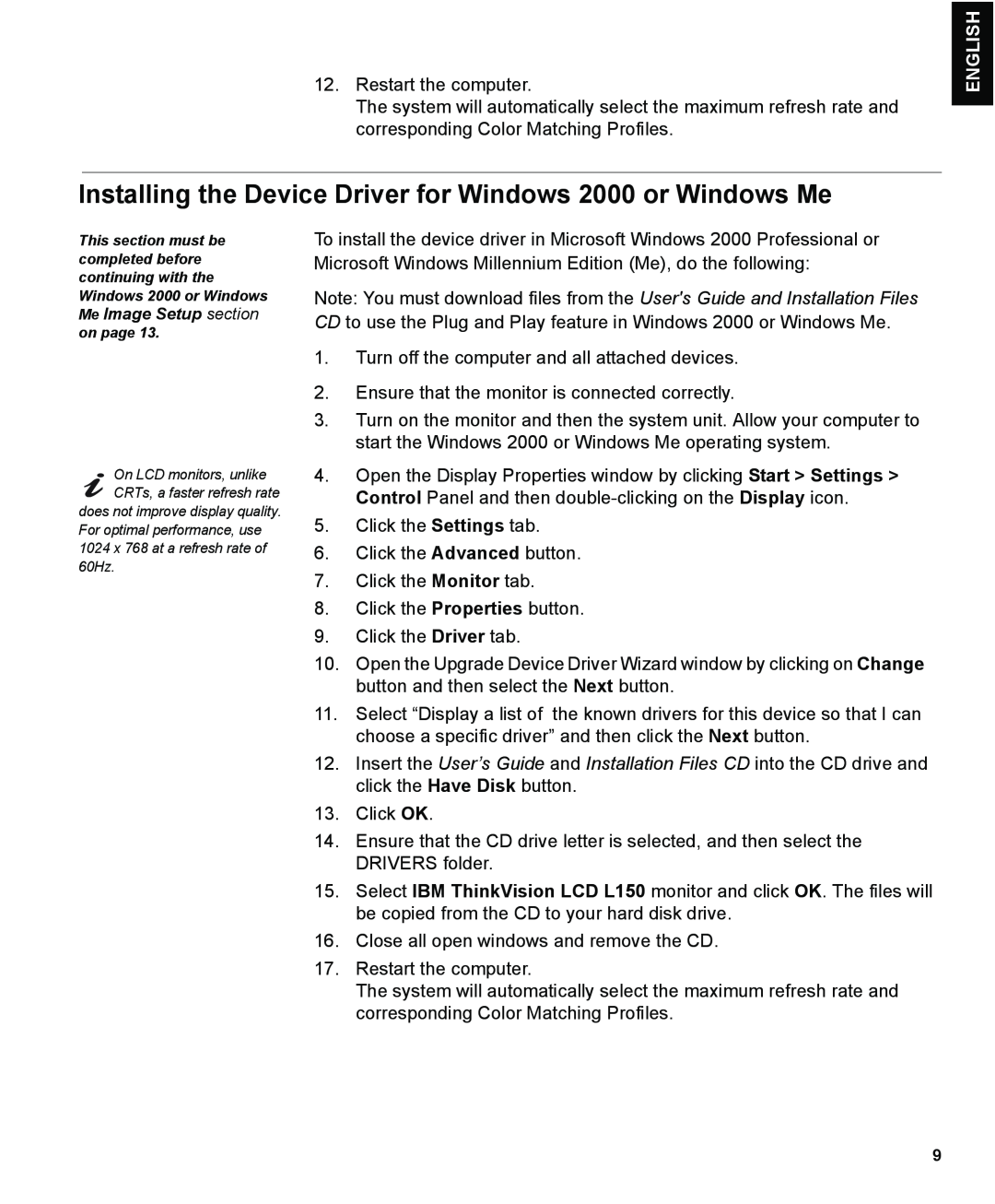 IBM L150 manual Installing the Device Driver for Windows 2000 or Windows Me, Français English 