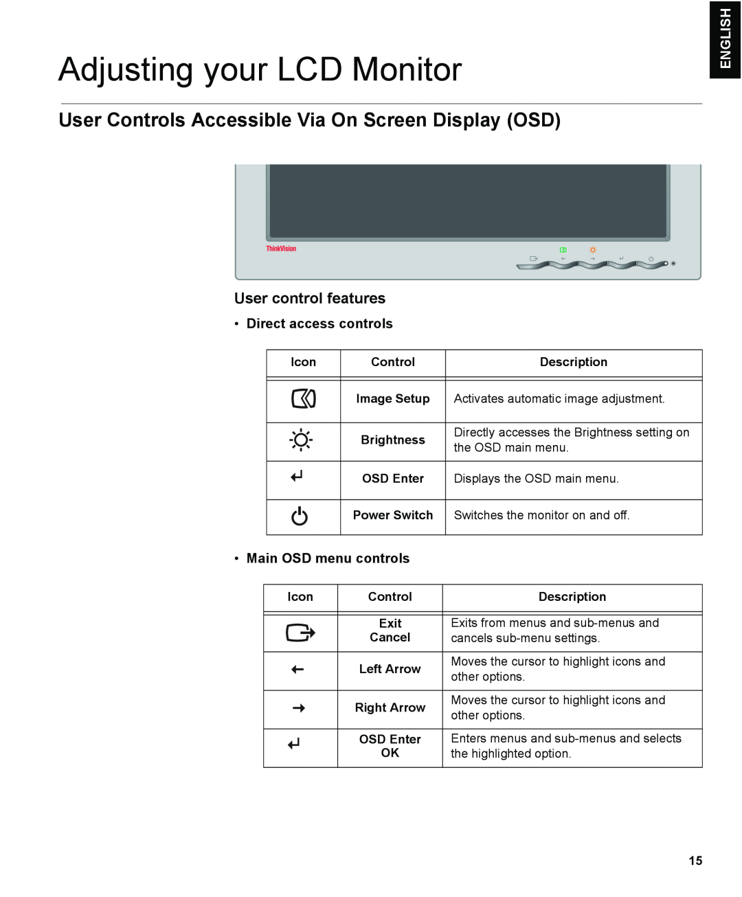 IBM L150 manual Adjusting your LCD Monitor, User Controls Accessible Via On Screen Display OSD, User control features 