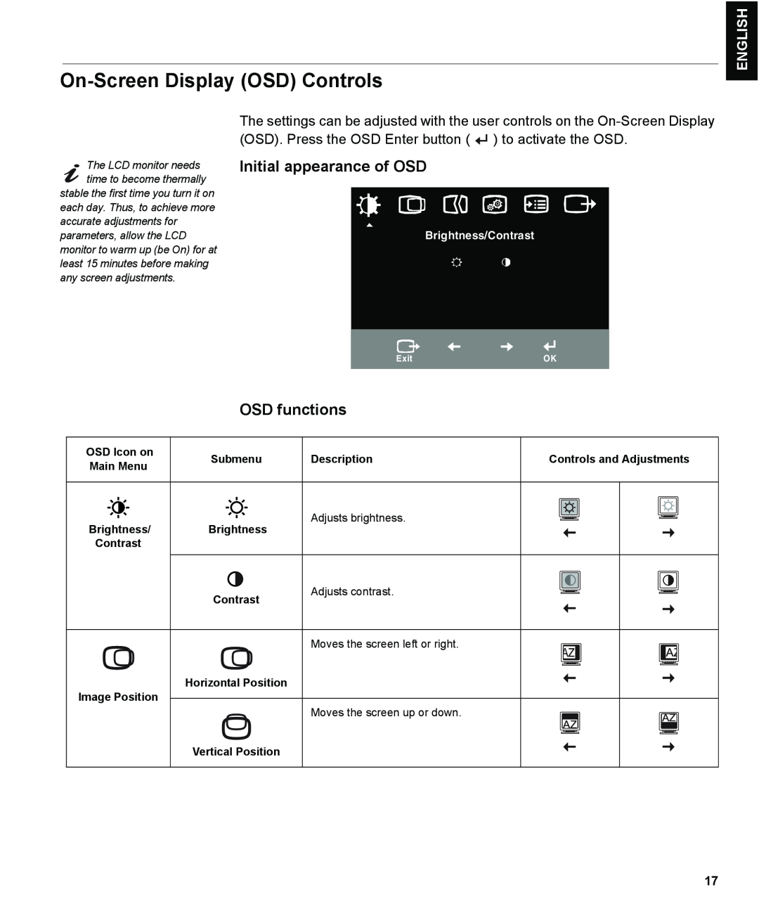 IBM L150 On-Screen Display OSD Controls, Initial appearance of OSD, OSD functions, English, Français, Español, OSD Icon on 