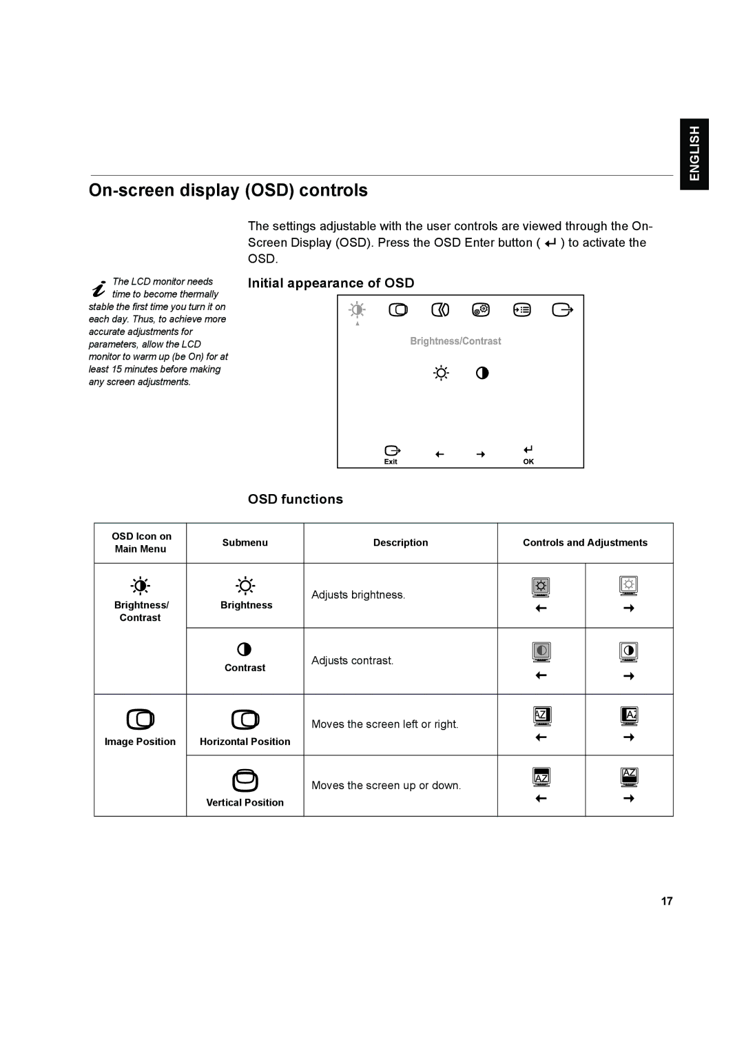 IBM L170 On-screen display OSD controls, Initial appearance of OSD OSD functions, Adjusts brightness, Adjusts contrast 