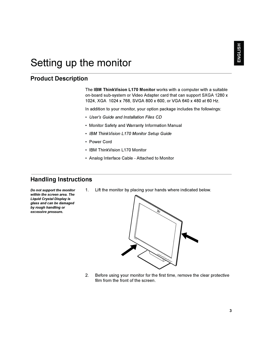 IBM L170 manual Setting up the monitor, Product Description, Handling Instructions 