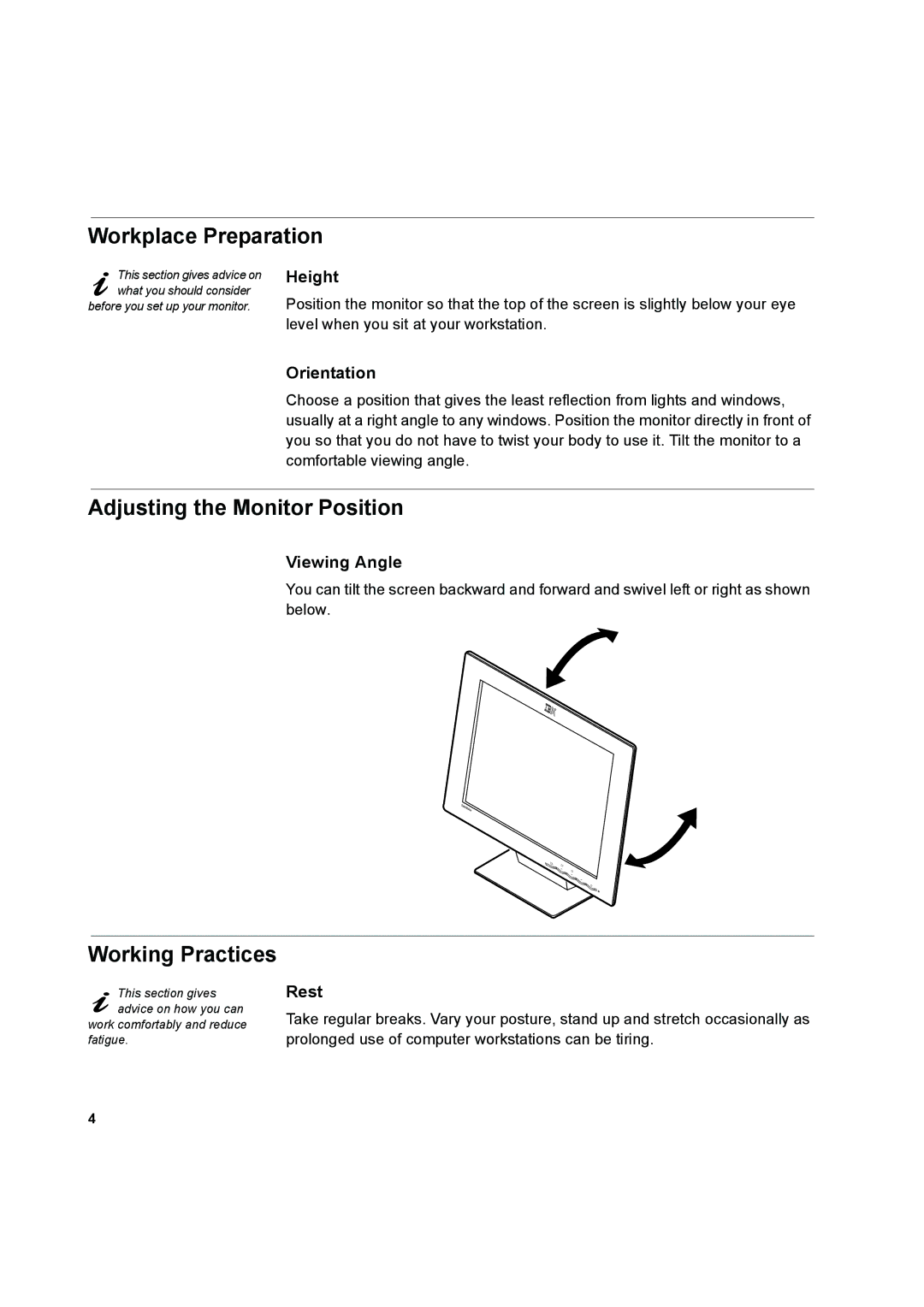 IBM L170 manual Workplace Preparation, Adjusting the Monitor Position, Working Practices 