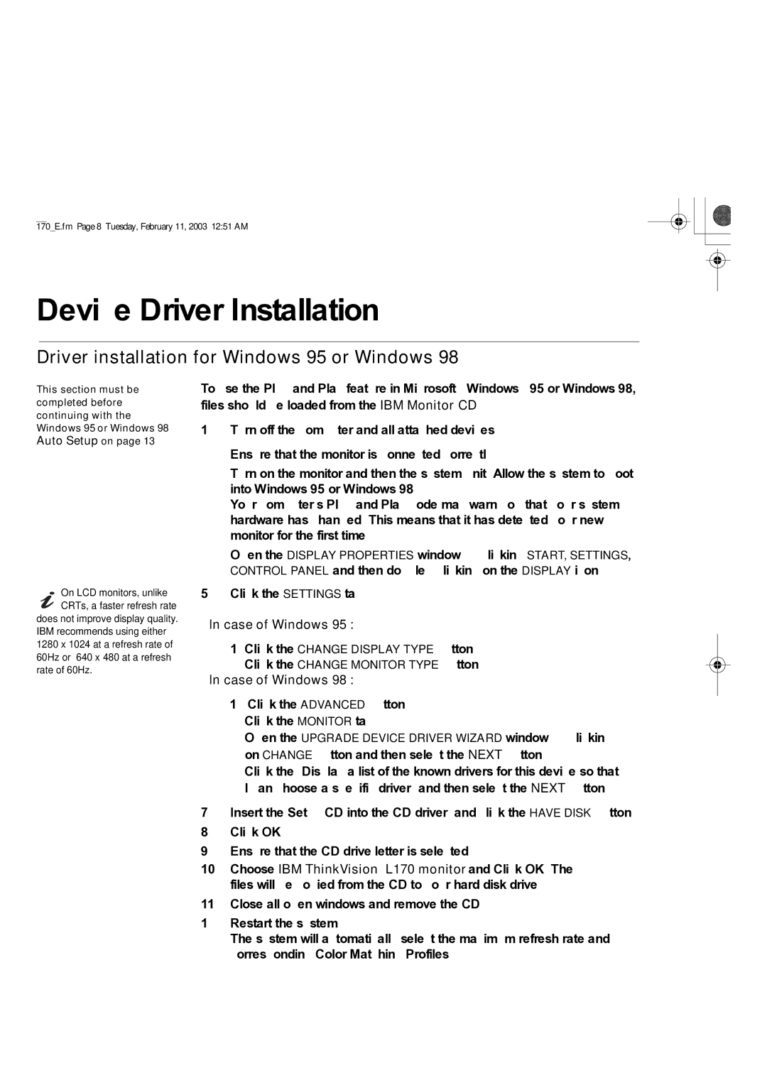 IBM L170 Device Driver Installation, Driver installation for Windows 95 or Windows, Click the Change Monitor Type button 