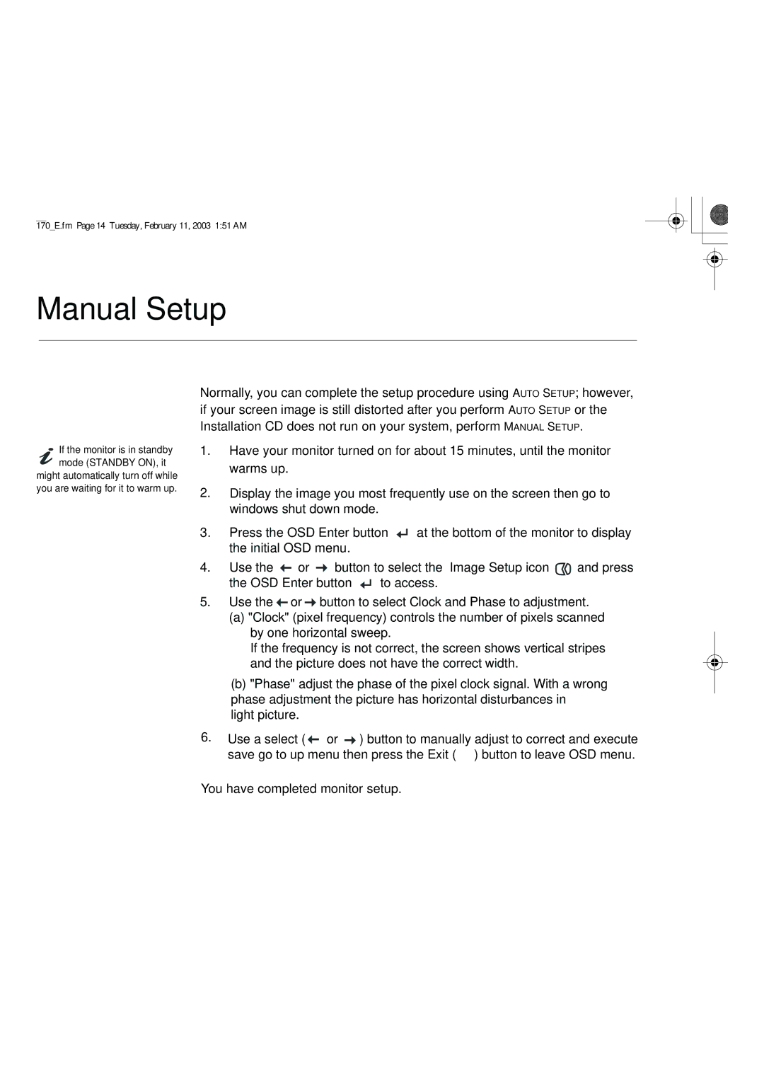 IBM L170 manual Manual Setup 