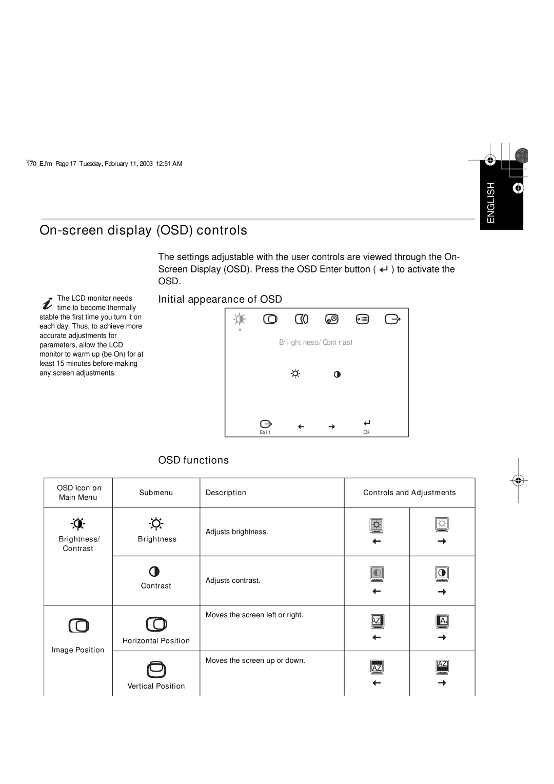 IBM L170 manual On-screen display OSD controls, Initial appearance of OSD, OSD functions 