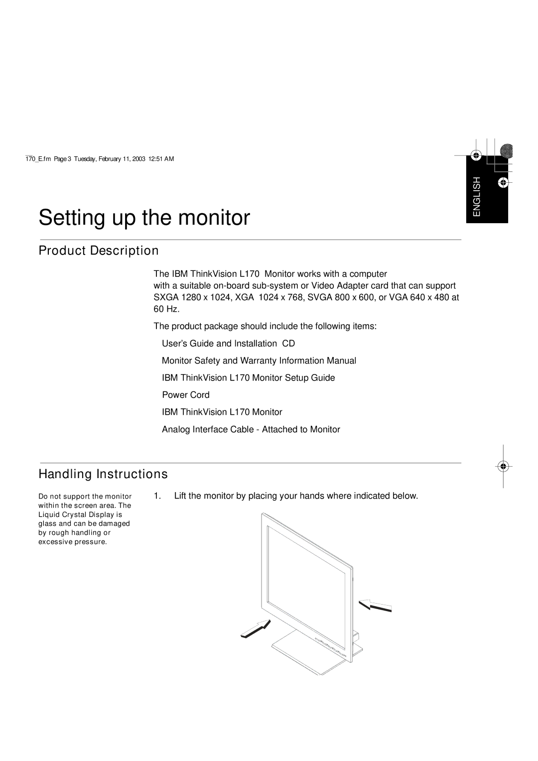 IBM L170 manual Setting up the monitor, Product Description, Handling Instructions 