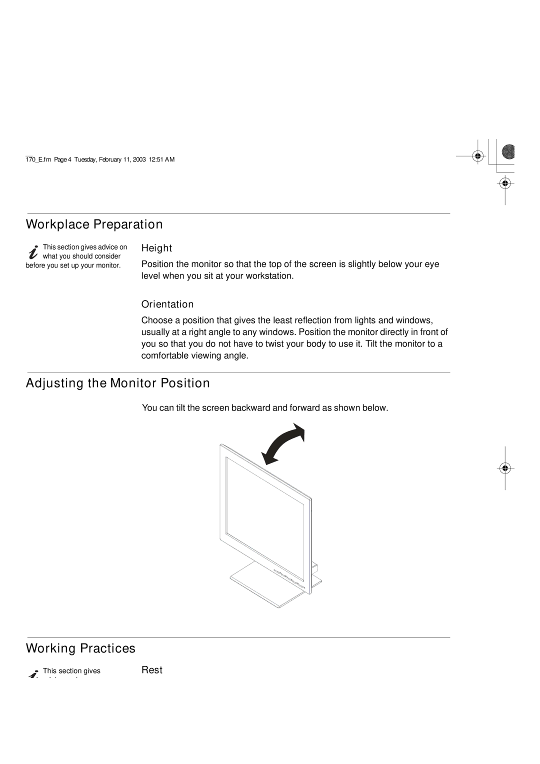 IBM L170 manual Workplace Preparation, Adjusting the Monitor Position, Working Practices 