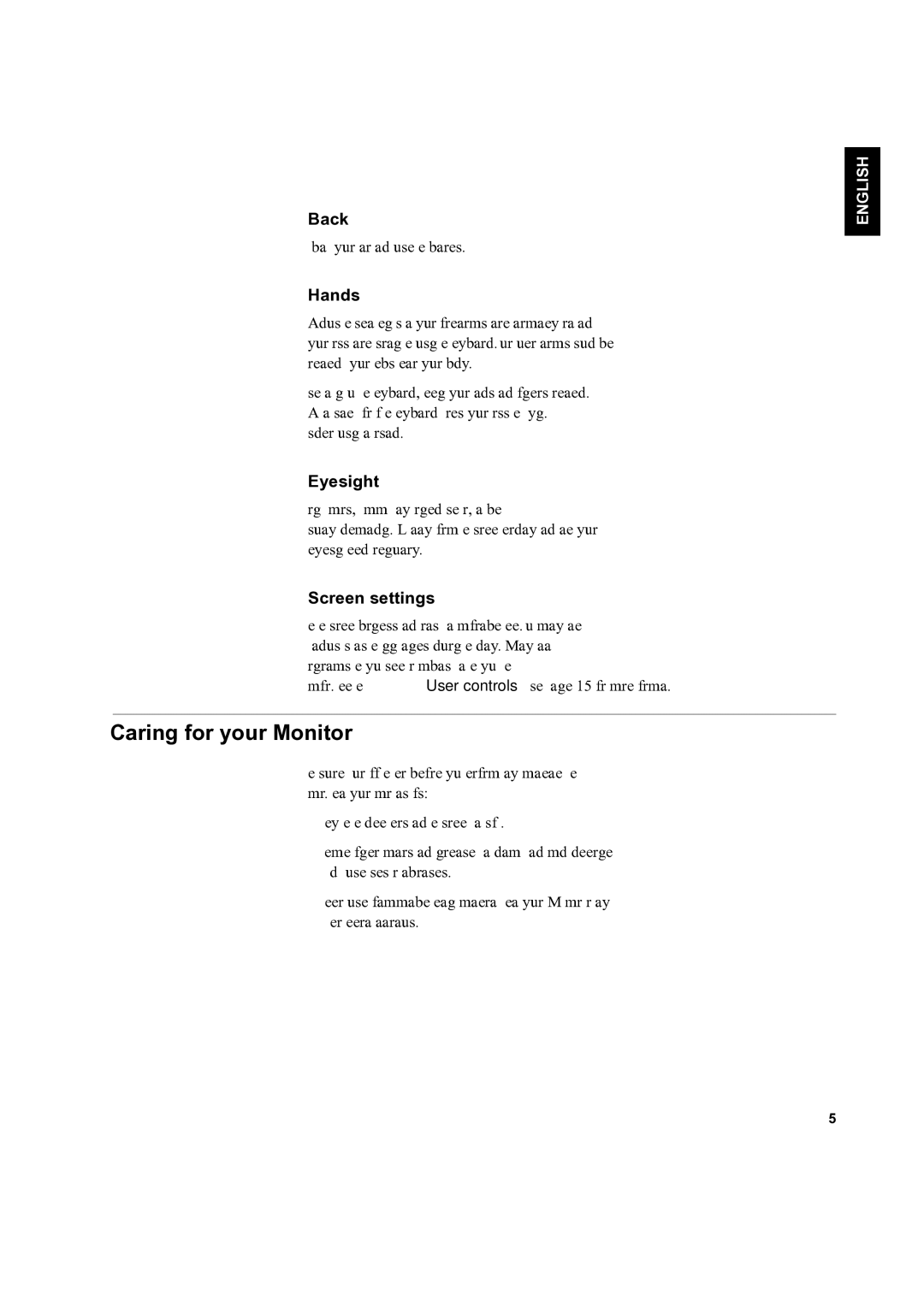 IBM L170 manual Caring for your Monitor, Back, Hands, Eyesight, Screen settings 