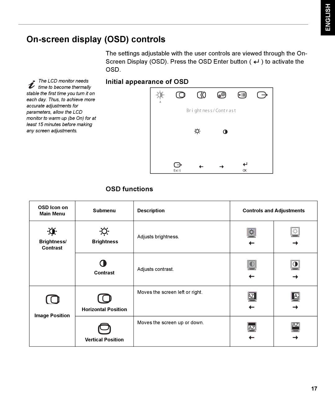 IBM L170m manual On-screen display OSD controls, Initial appearance of OSD, OSD functions 