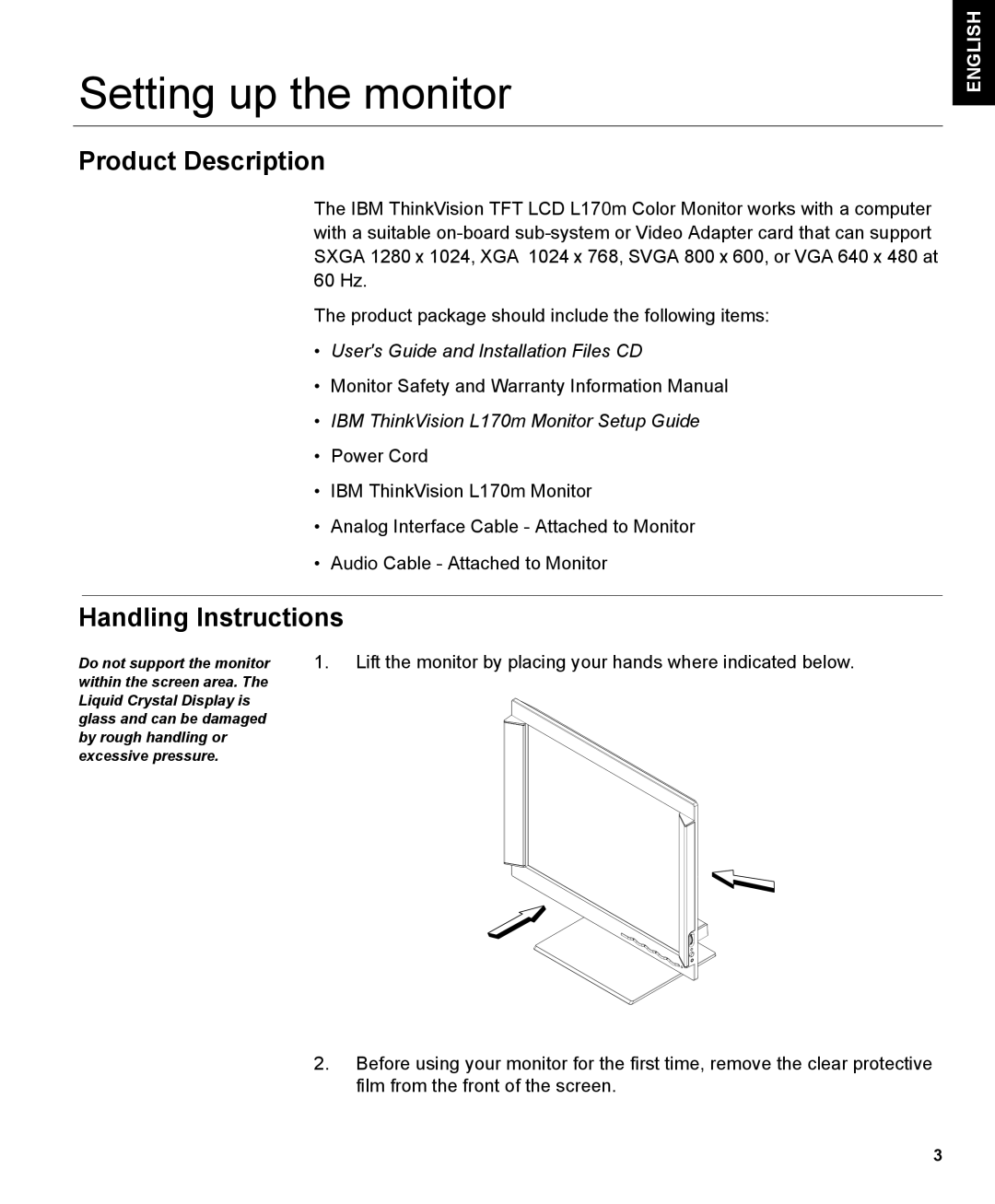 IBM L170m manual Setting up the monitor, Product Description, Handling Instructions 