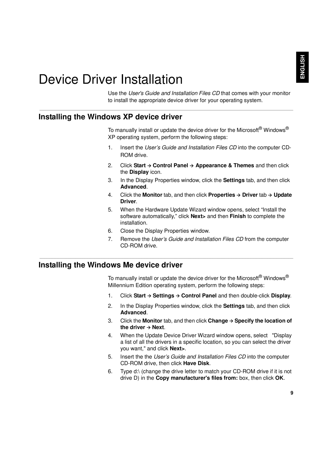 IBM L170p Device Driver Installation, Installing the Windows XP device driver, Installing the Windows Me device driver 