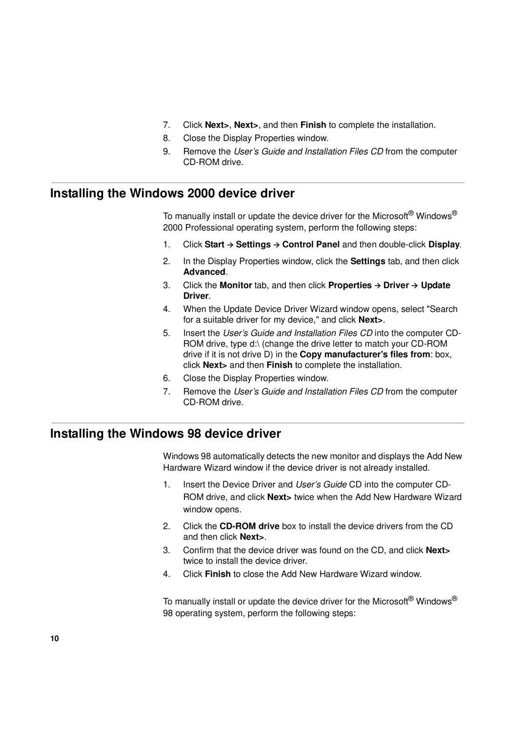 IBM L170p manual Installing the Windows 2000 device driver, Installing the Windows 98 device driver 