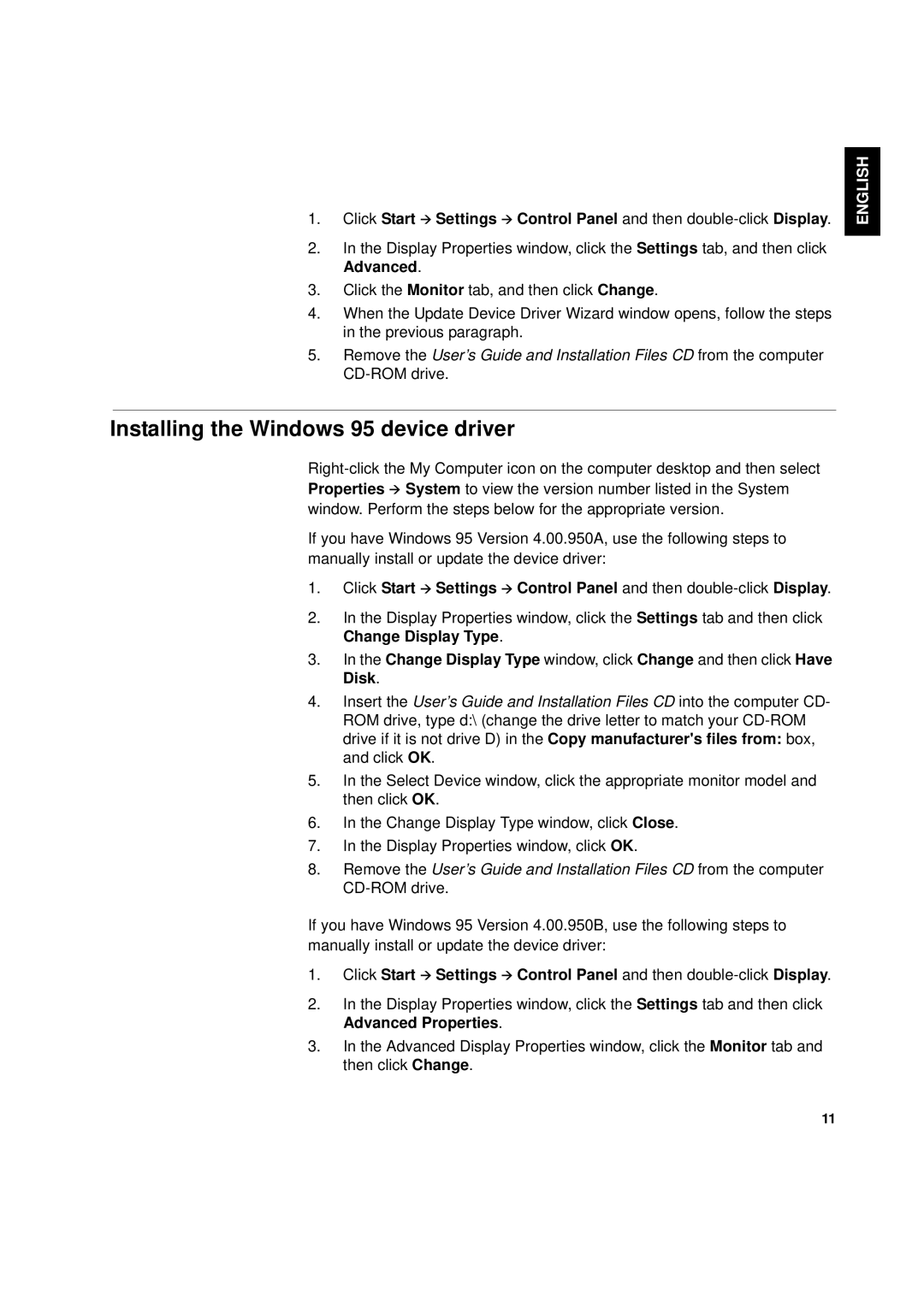 IBM L170p manual Installing the Windows 95 device driver 