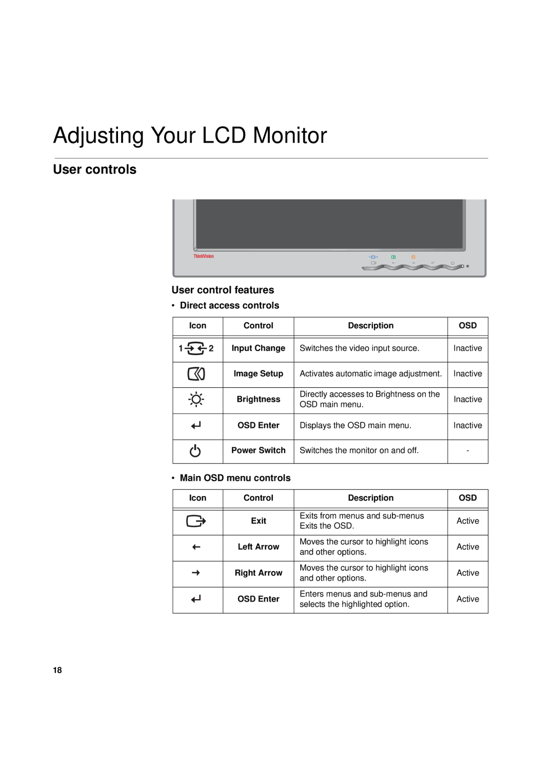 IBM L170p manual Adjusting Your LCD Monitor, User controls, User control features 