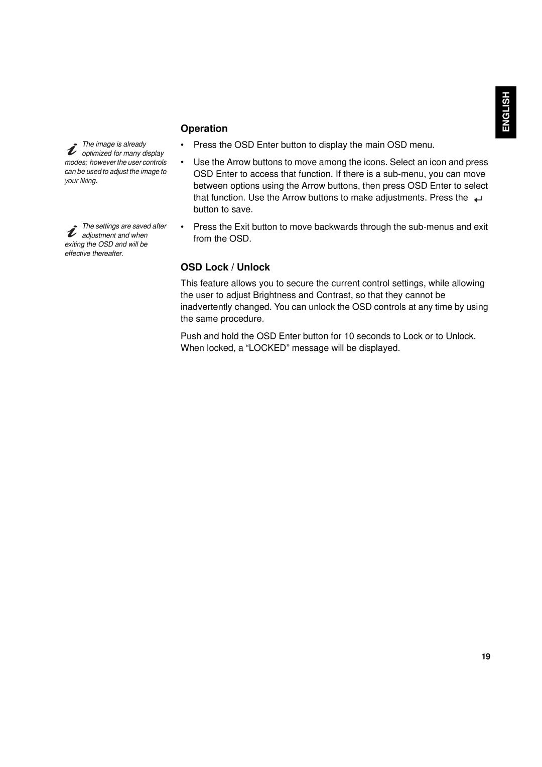 IBM L170p manual Operation, OSD Lock / Unlock 