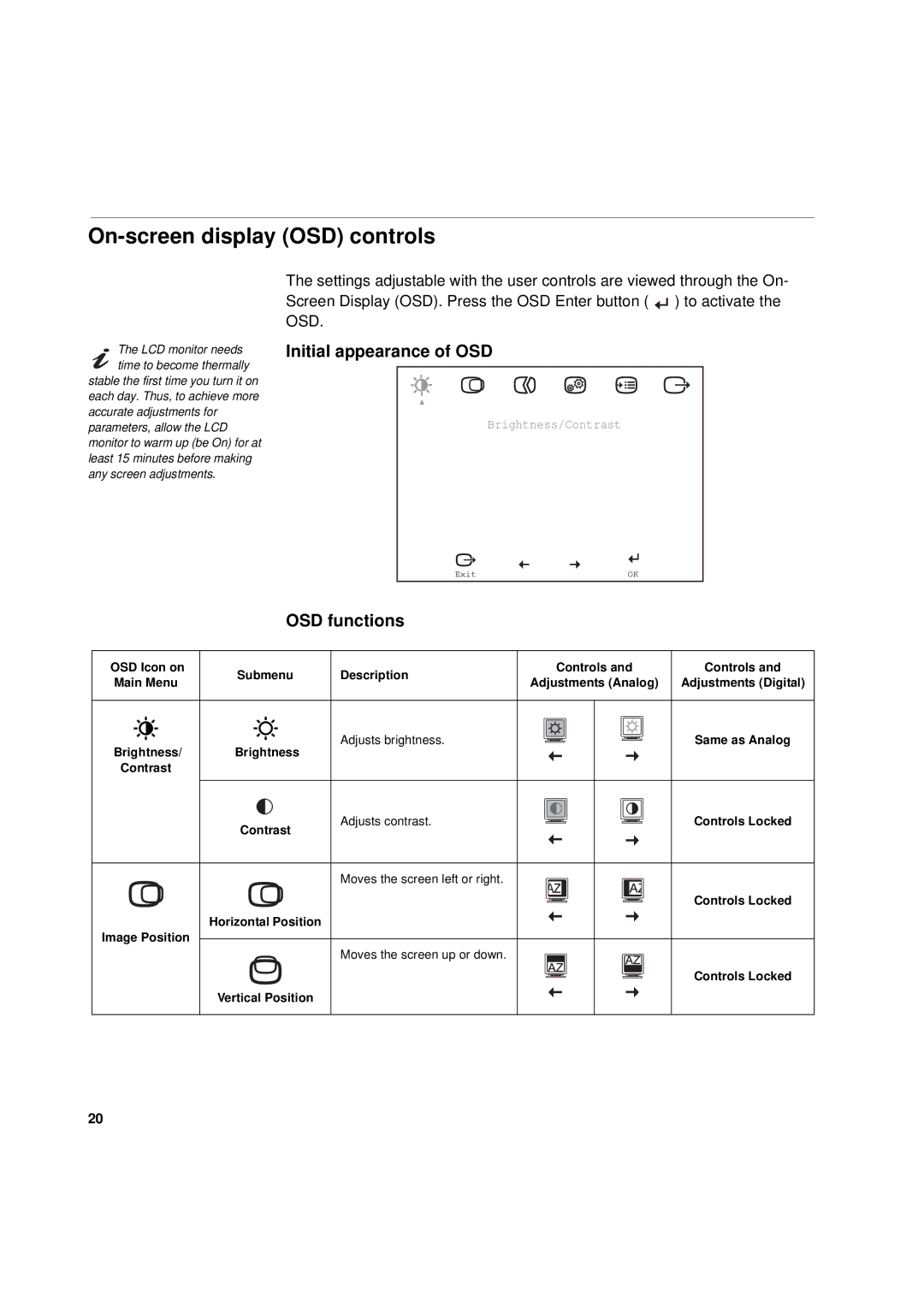 IBM L170p manual On-screen display OSD controls, Initial appearance of OSD, OSD functions 