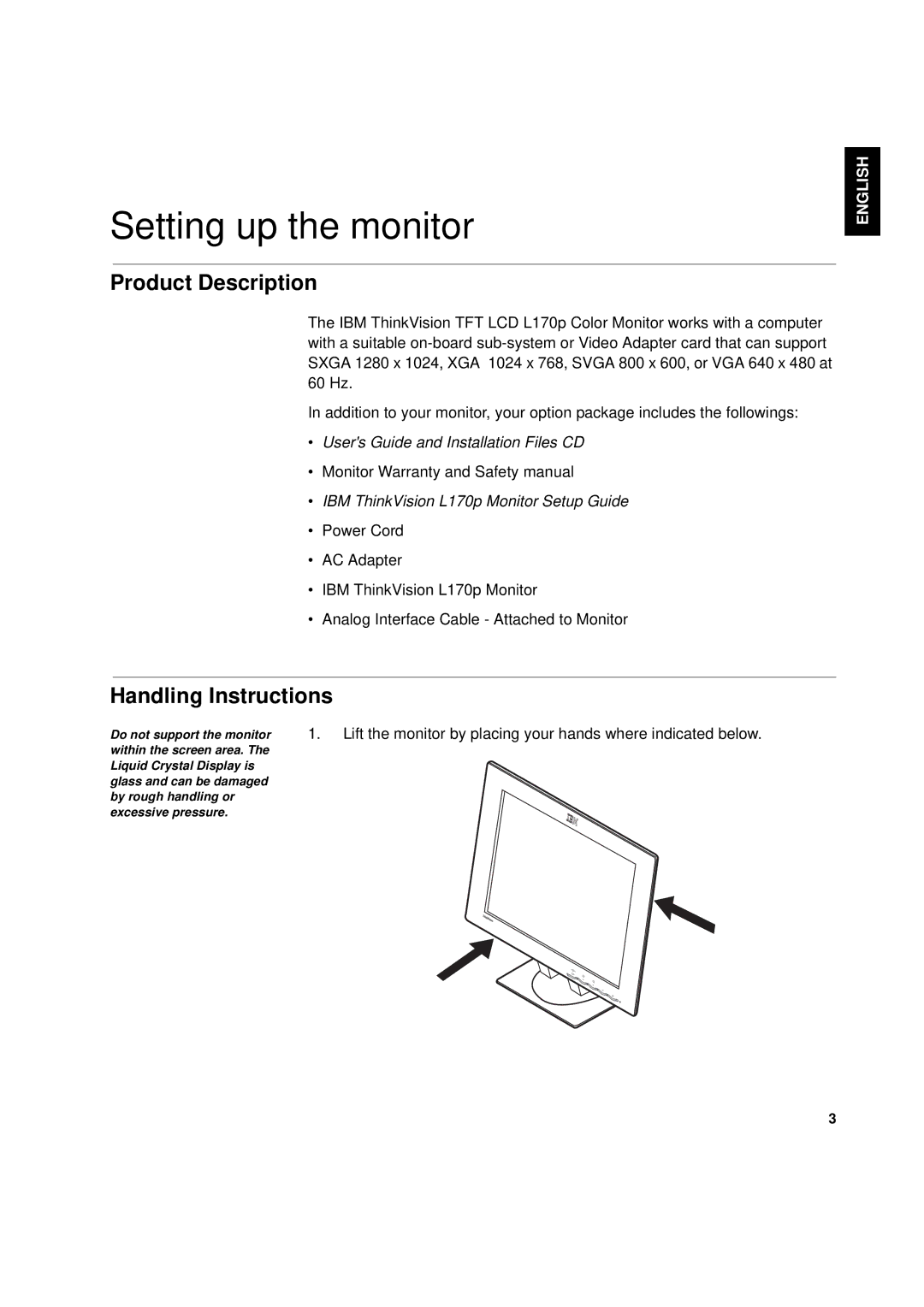 IBM L170p manual Setting up the monitor, Product Description, Handling Instructions 