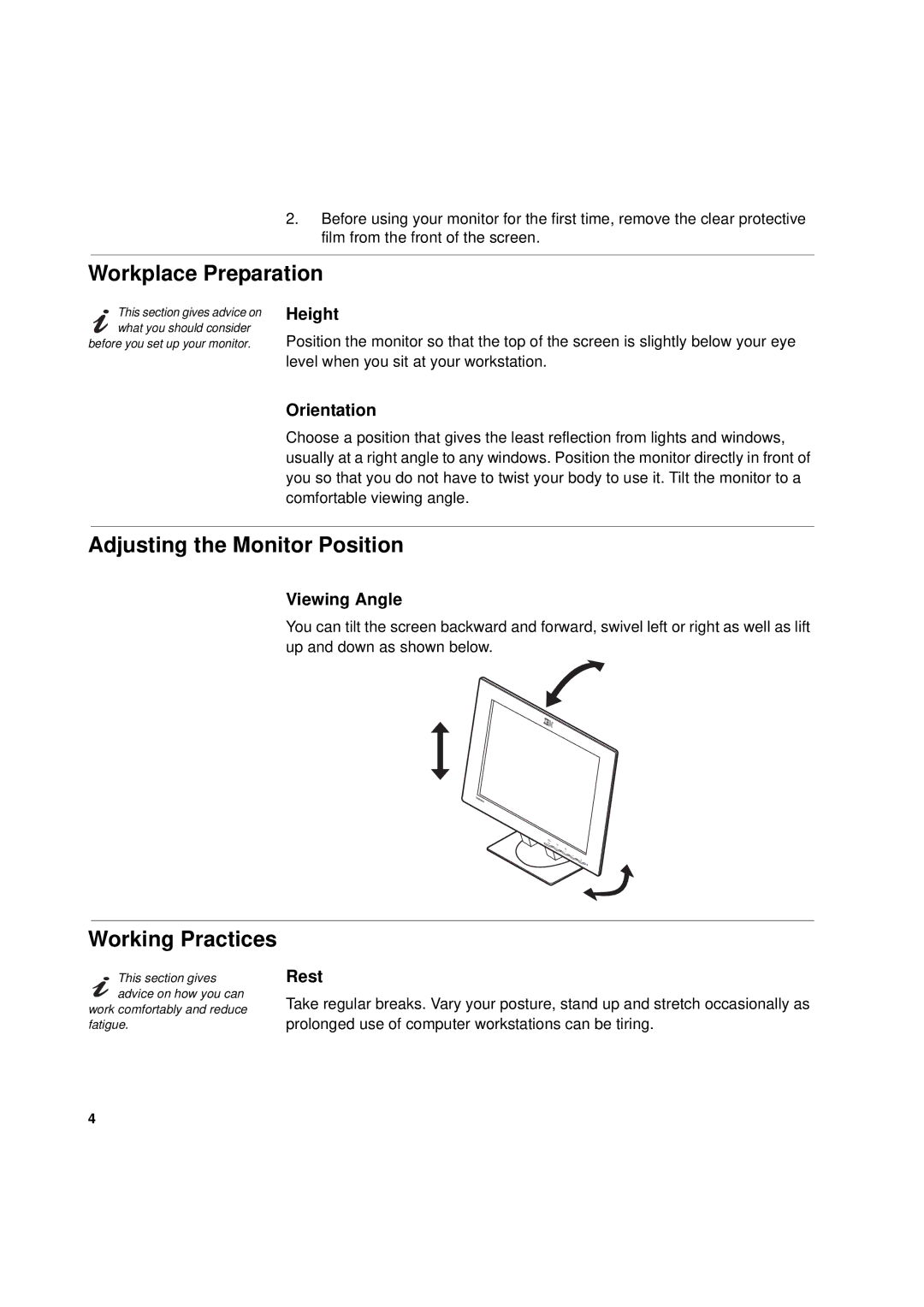 IBM L170p manual Workplace Preparation, Adjusting the Monitor Position, Working Practices 