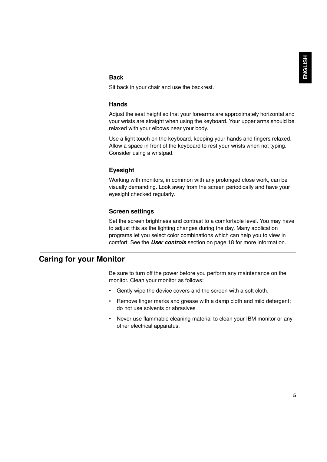 IBM L170p manual Caring for your Monitor, Back, Hands, Eyesight, Screen settings 