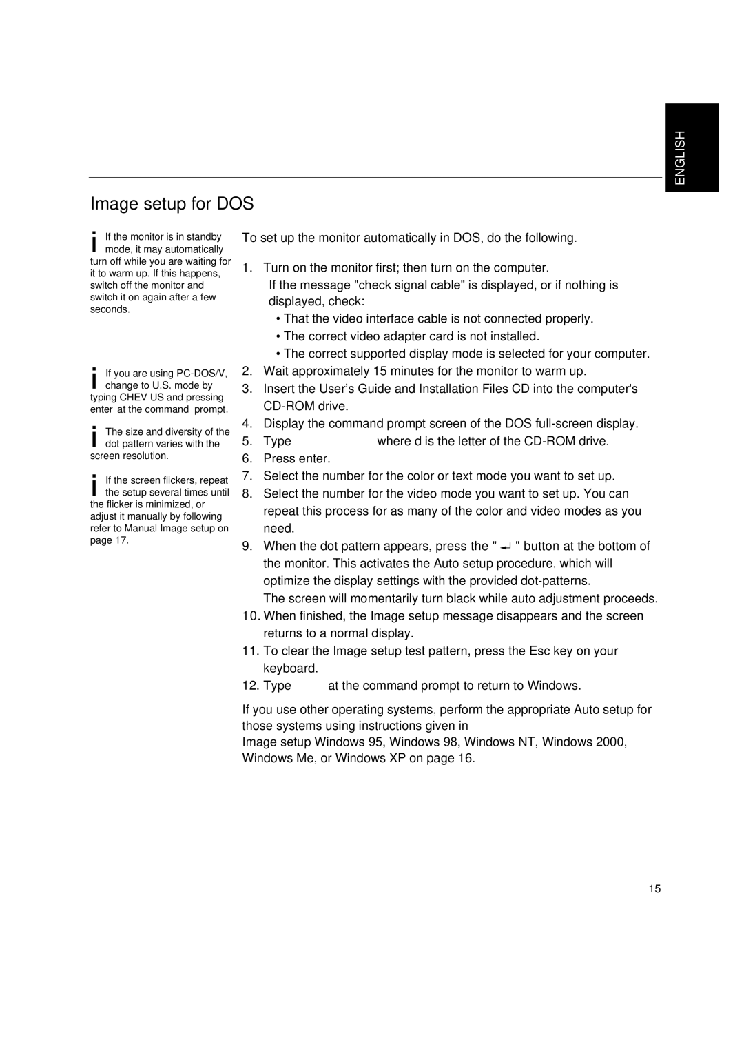 IBM L180p manual Image setup for DOS 